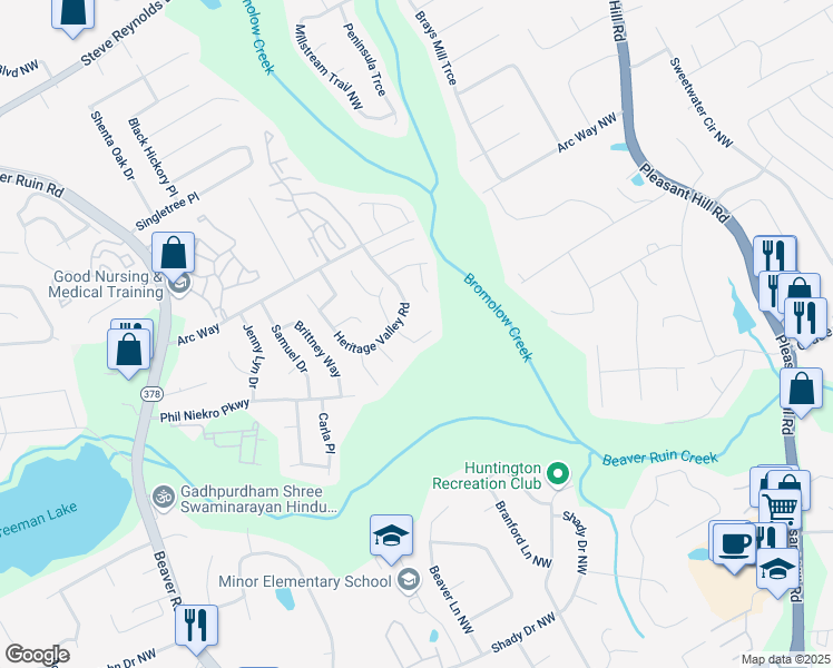 map of restaurants, bars, coffee shops, grocery stores, and more near 4120 Buckley Woods Drive in Norcross