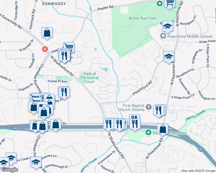 map of restaurants, bars, coffee shops, grocery stores, and more near 2251 Pernoshal Court in Dunwoody