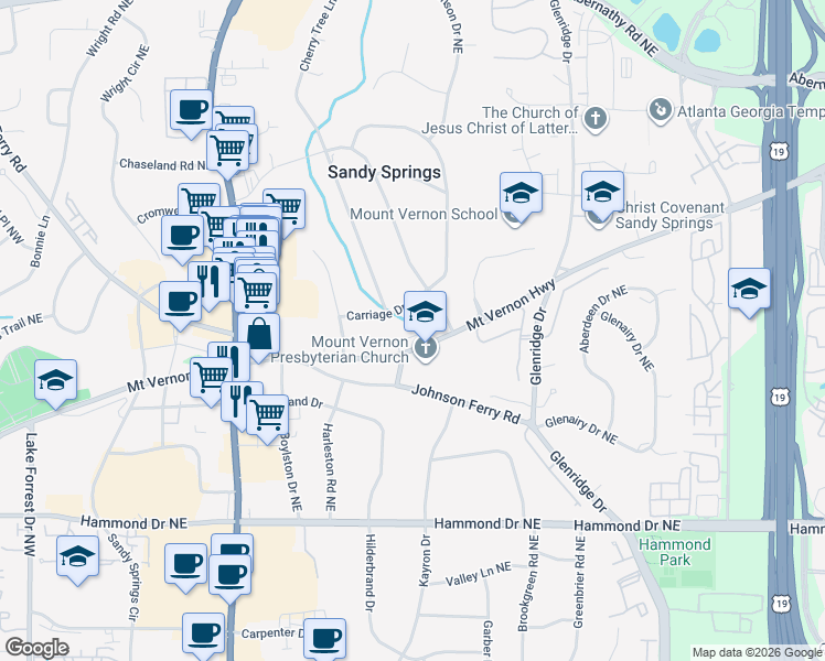 map of restaurants, bars, coffee shops, grocery stores, and more near 306 Mount Vernon Cove in Atlanta