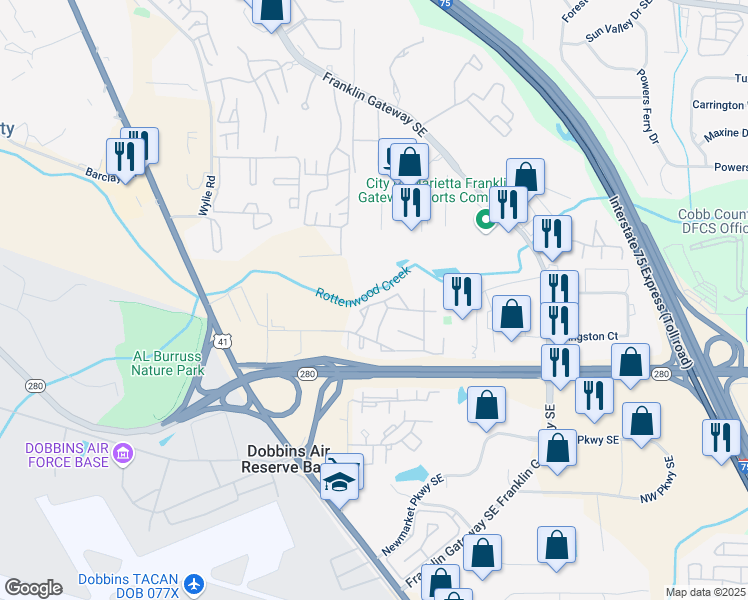 map of restaurants, bars, coffee shops, grocery stores, and more near 1809 Ashborough Circle in Marietta