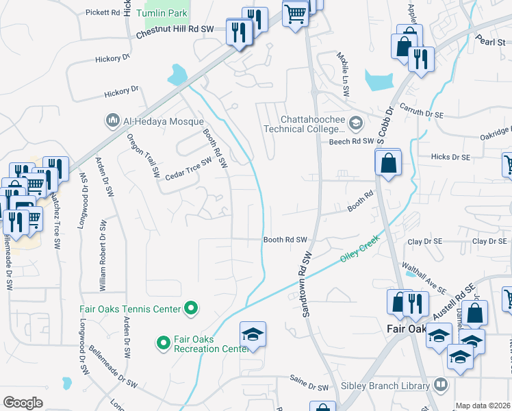 map of restaurants, bars, coffee shops, grocery stores, and more near 1158 Jill Lane Southwest in Marietta