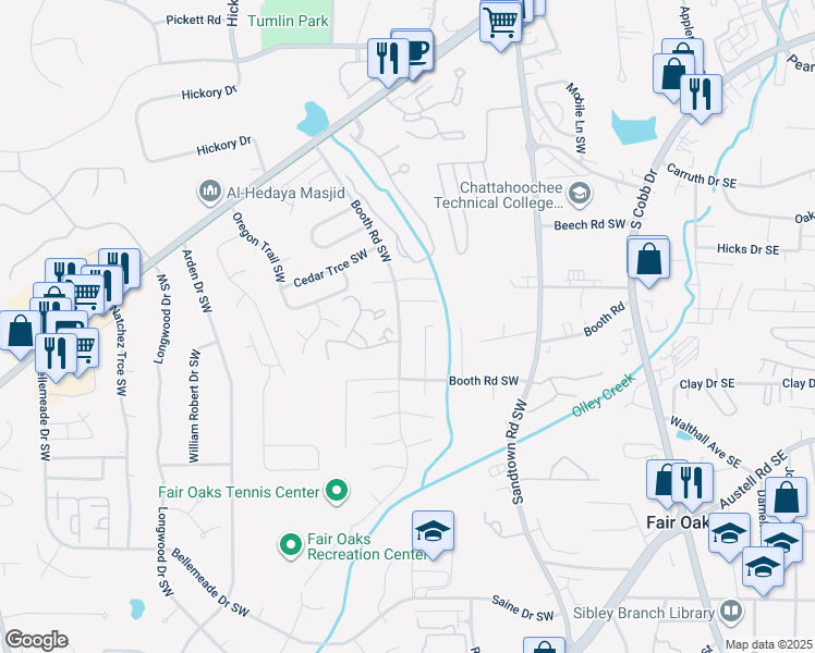 map of restaurants, bars, coffee shops, grocery stores, and more near 1158 Jill Lane Southwest in Marietta