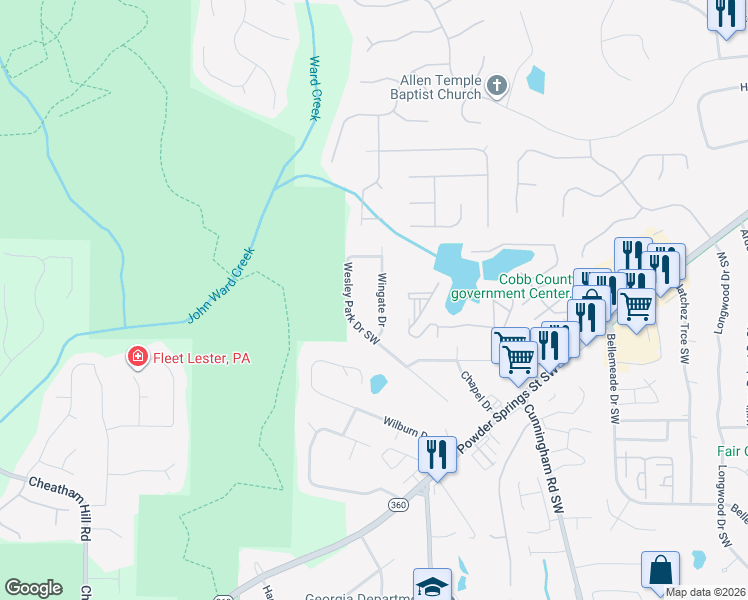 map of restaurants, bars, coffee shops, grocery stores, and more near 1160 Wingate Drive in Marietta
