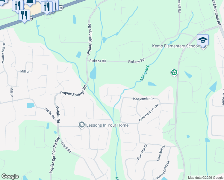 map of restaurants, bars, coffee shops, grocery stores, and more near 5709 Hatchery Way Northwest in Powder Springs