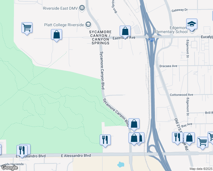 map of restaurants, bars, coffee shops, grocery stores, and more near 6920 Sycamore Canyon Boulevard in Riverside