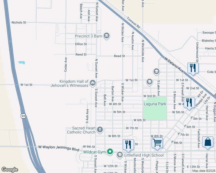 map of restaurants, bars, coffee shops, grocery stores, and more near 1217 West 2nd Street in Littlefield