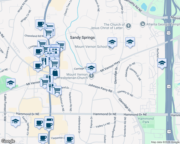 map of restaurants, bars, coffee shops, grocery stores, and more near 306 Mount Vernon Cove in Atlanta