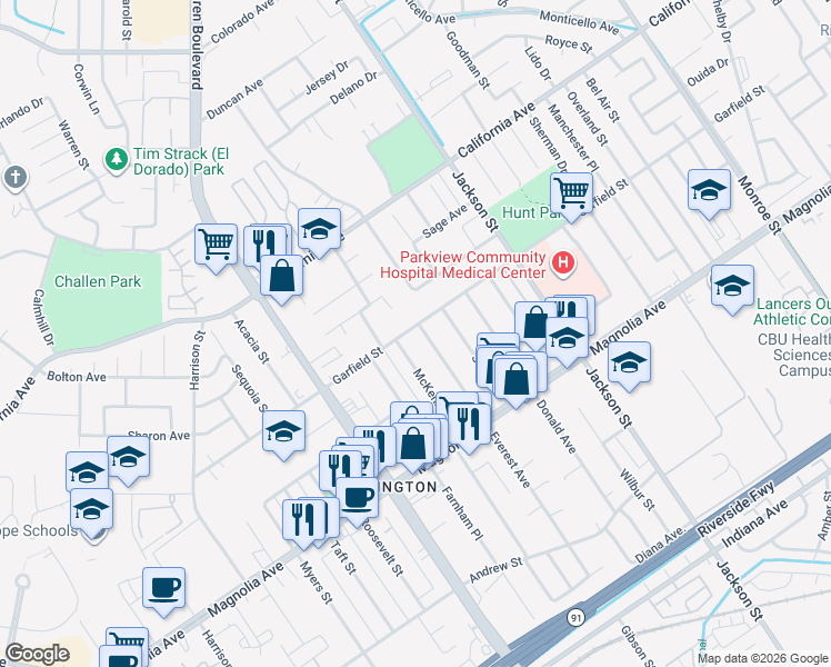 map of restaurants, bars, coffee shops, grocery stores, and more near 3994 Everest Avenue in Riverside