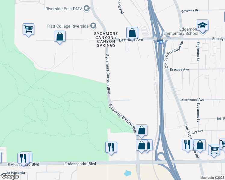 map of restaurants, bars, coffee shops, grocery stores, and more near 6920 Sycamore Canyon Boulevard in Riverside