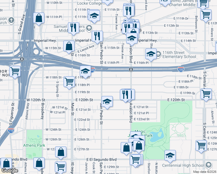 map of restaurants, bars, coffee shops, grocery stores, and more near 326 East 118th Street in Los Angeles
