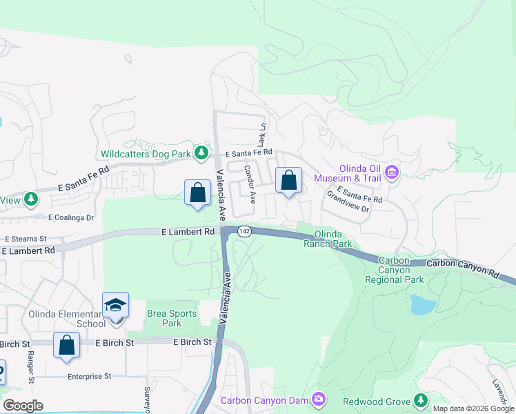 map of restaurants, bars, coffee shops, grocery stores, and more near 3662 Hawks Drive in Brea