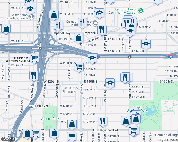 map of restaurants, bars, coffee shops, grocery stores, and more near 136 East 118th Place in Los Angeles