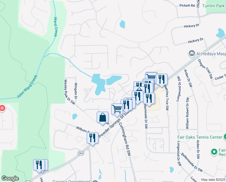 map of restaurants, bars, coffee shops, grocery stores, and more near 1250 Powder Springs Road Southwest in Marietta