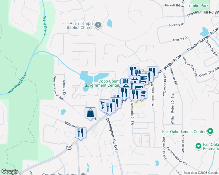 map of restaurants, bars, coffee shops, grocery stores, and more near 865 Lake Hollow Boulevard Southwest in Marietta
