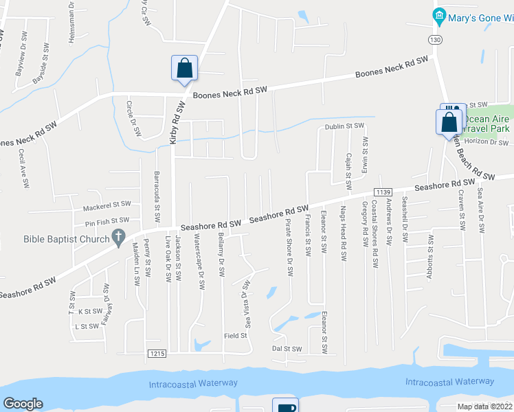 map of restaurants, bars, coffee shops, grocery stores, and more near 2577 White Sands Drive Southwest in Brunswick County