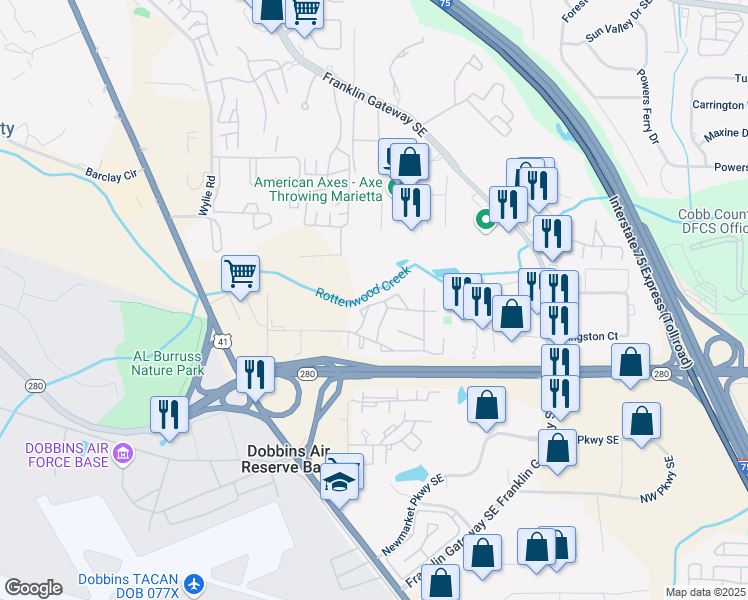 map of restaurants, bars, coffee shops, grocery stores, and more near 1809 Ashborough Circle in Marietta