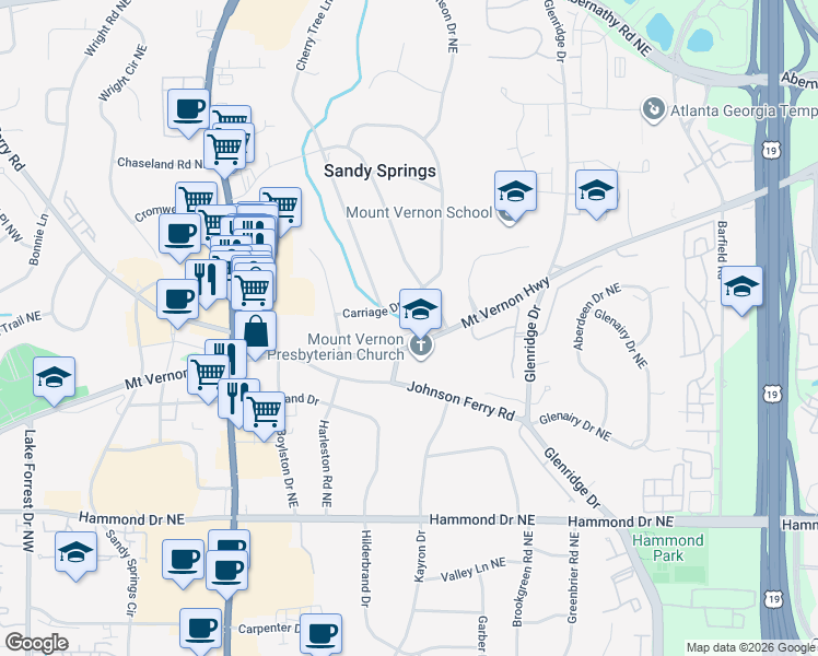 map of restaurants, bars, coffee shops, grocery stores, and more near 296 Mount Vernon Cove Northeast in Atlanta
