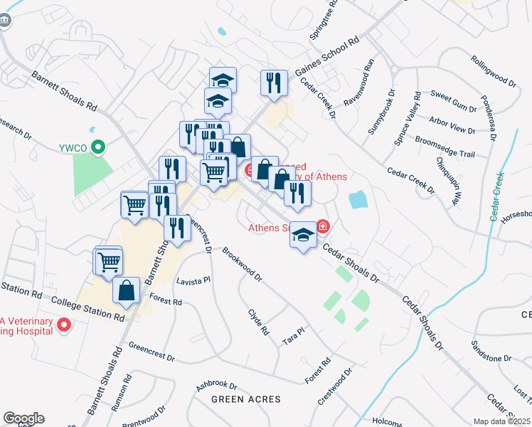 map of restaurants, bars, coffee shops, grocery stores, and more near 268 Scandia Circle in Athens