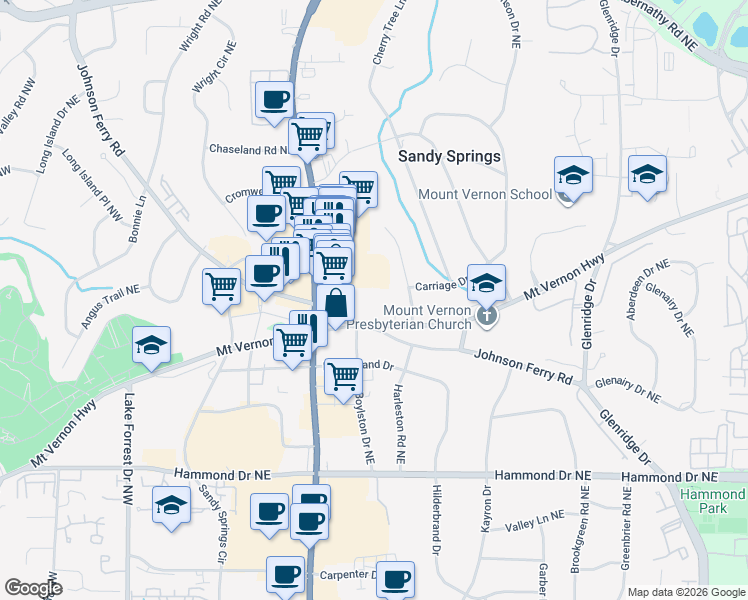 map of restaurants, bars, coffee shops, grocery stores, and more near 300 Johnson Ferry Road in Atlanta