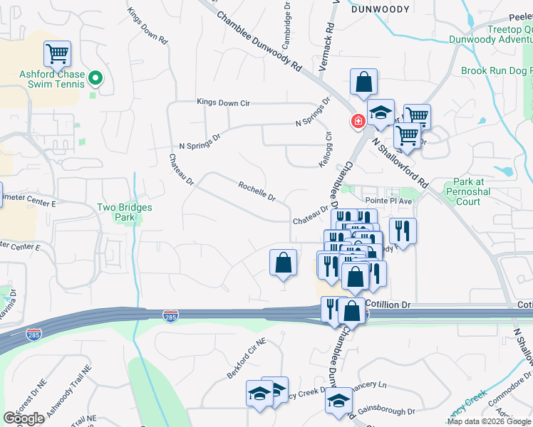 map of restaurants, bars, coffee shops, grocery stores, and more near 1666 Chateau Dr in Dunwoody