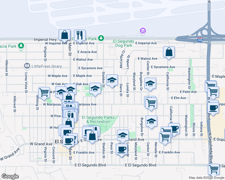map of restaurants, bars, coffee shops, grocery stores, and more near 591 East Palm Avenue in El Segundo