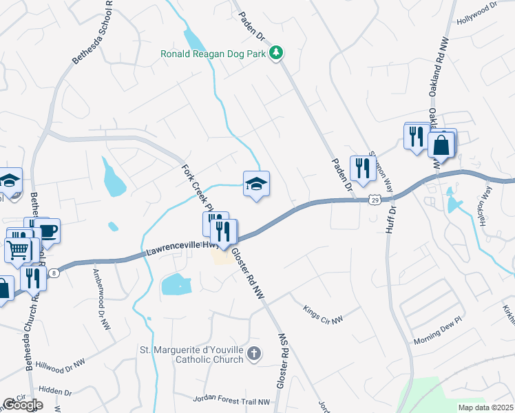 map of restaurants, bars, coffee shops, grocery stores, and more near 2625 Lawrenceville Highway in Lawrenceville