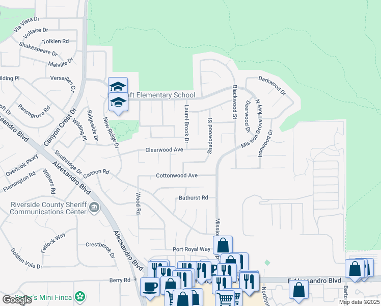 map of restaurants, bars, coffee shops, grocery stores, and more near 249 Clearwood Avenue in Riverside