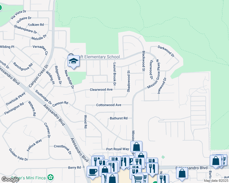 map of restaurants, bars, coffee shops, grocery stores, and more near 241 Clearwood Avenue in Riverside