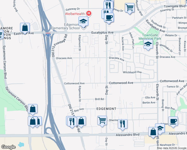 map of restaurants, bars, coffee shops, grocery stores, and more near 13421 Barbara Street in Moreno Valley