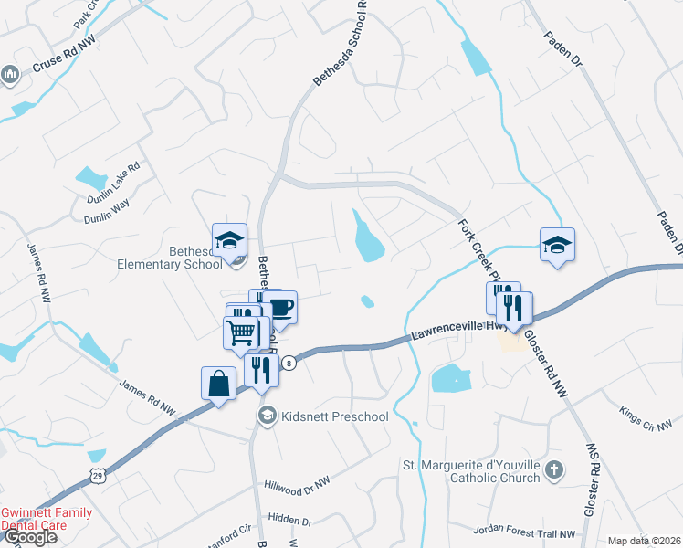 map of restaurants, bars, coffee shops, grocery stores, and more near 2730 Autumn Bluff Way in Lawrenceville