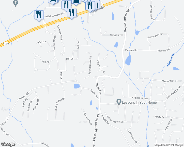 map of restaurants, bars, coffee shops, grocery stores, and more near 295 Springbrooke Trail in Dallas