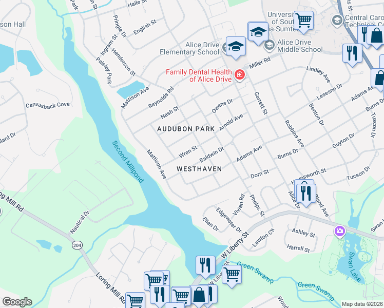 map of restaurants, bars, coffee shops, grocery stores, and more near 712 Wren Street in Sumter