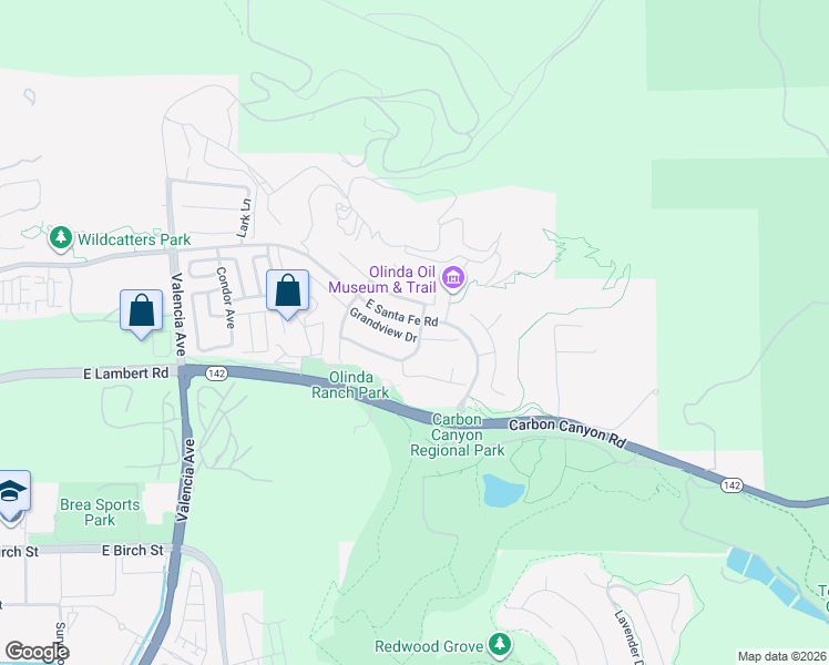map of restaurants, bars, coffee shops, grocery stores, and more near 3995 Grandview Drive in Brea