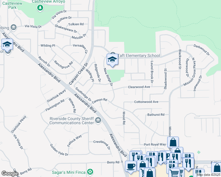 map of restaurants, bars, coffee shops, grocery stores, and more near 1003 Clearwood Avenue in Riverside