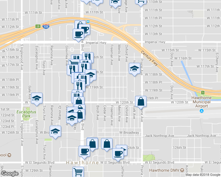 map of restaurants, bars, coffee shops, grocery stores, and more near 11905 Freeman Avenue in Hawthorne