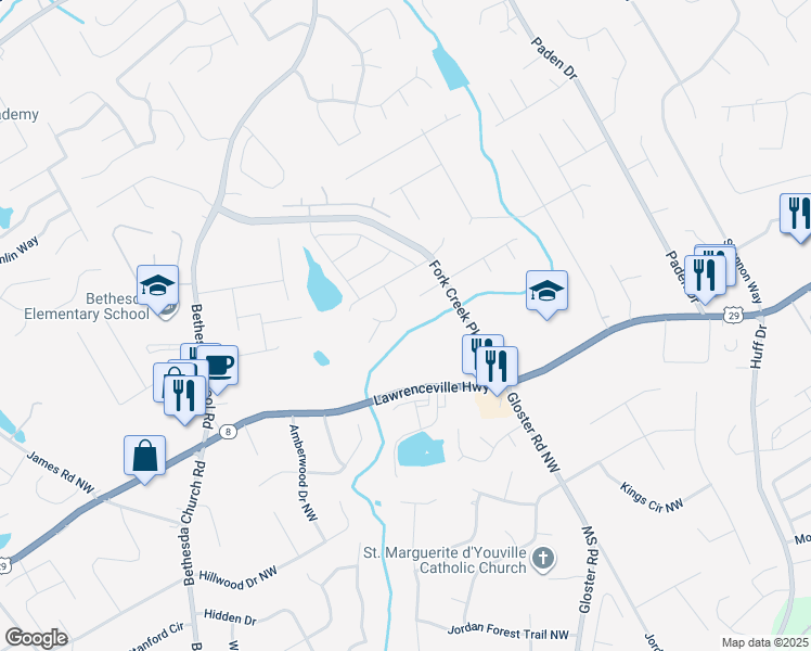map of restaurants, bars, coffee shops, grocery stores, and more near 427 Autumn Park Trce in Lawrenceville
