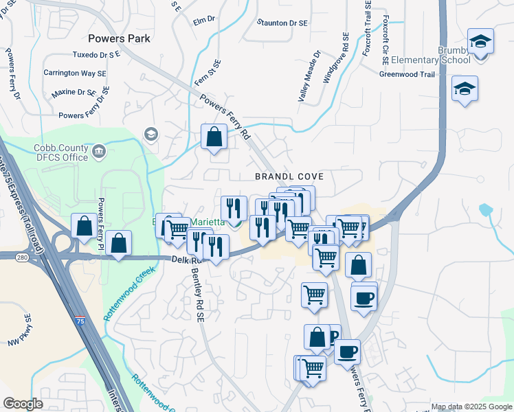 map of restaurants, bars, coffee shops, grocery stores, and more near 2310 Winterset Parkway in Marietta