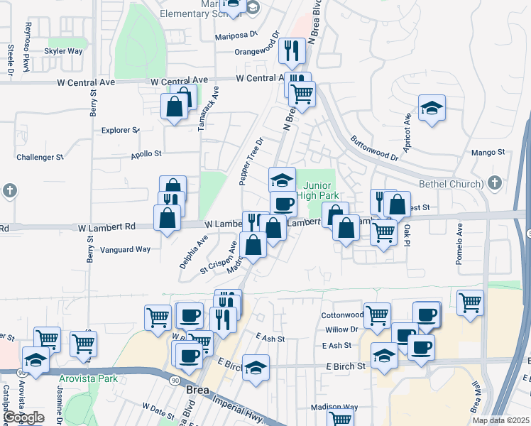 map of restaurants, bars, coffee shops, grocery stores, and more near 400 North Brea Boulevard in Brea