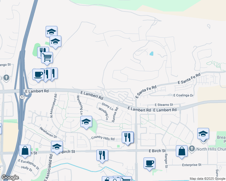 map of restaurants, bars, coffee shops, grocery stores, and more near 2365 Sommerset Drive in Brea