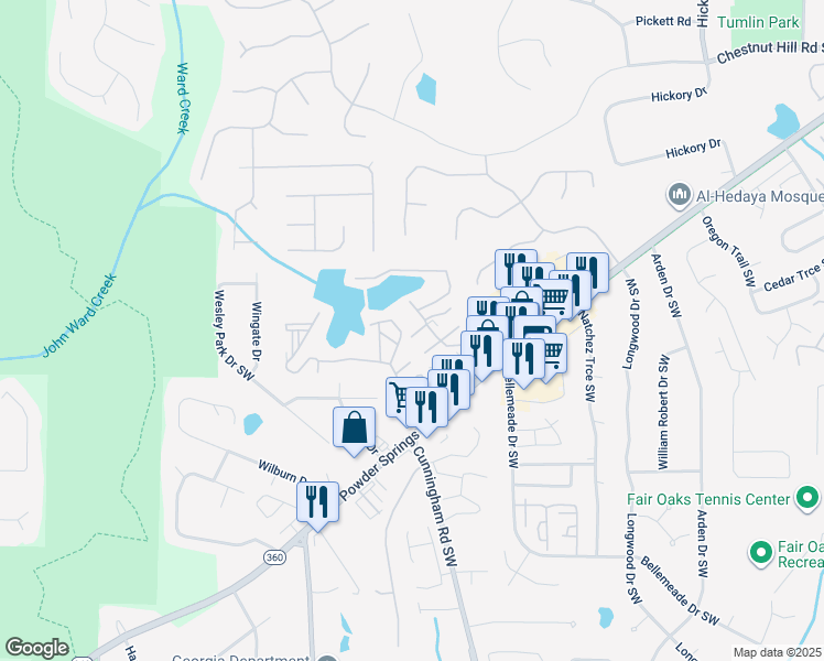 map of restaurants, bars, coffee shops, grocery stores, and more near 883 Lake Hollow Boulevard Southwest in Marietta