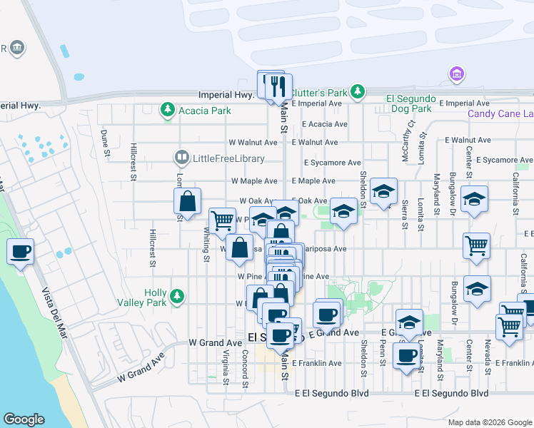 map of restaurants, bars, coffee shops, grocery stores, and more near 127 West Palm Avenue in El Segundo