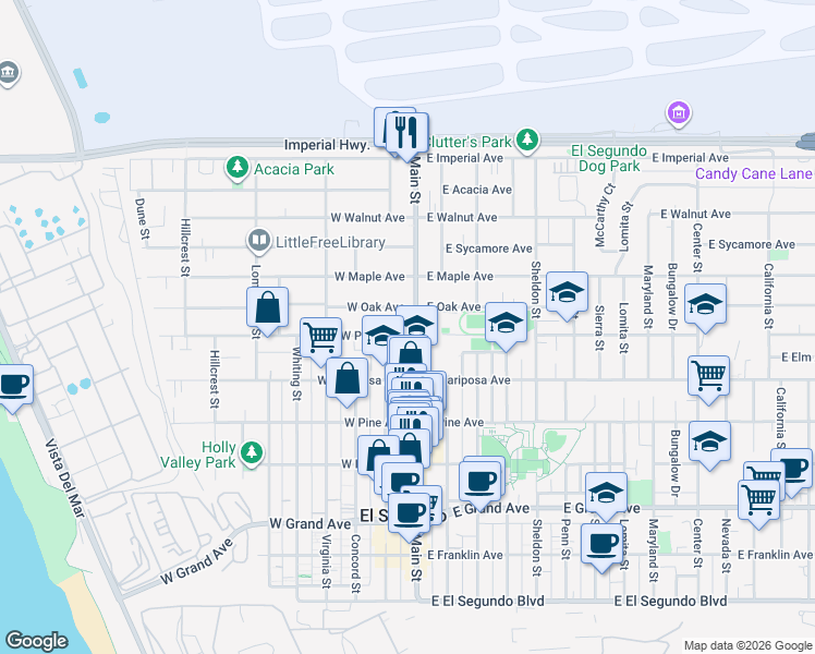 map of restaurants, bars, coffee shops, grocery stores, and more near in El Segundo