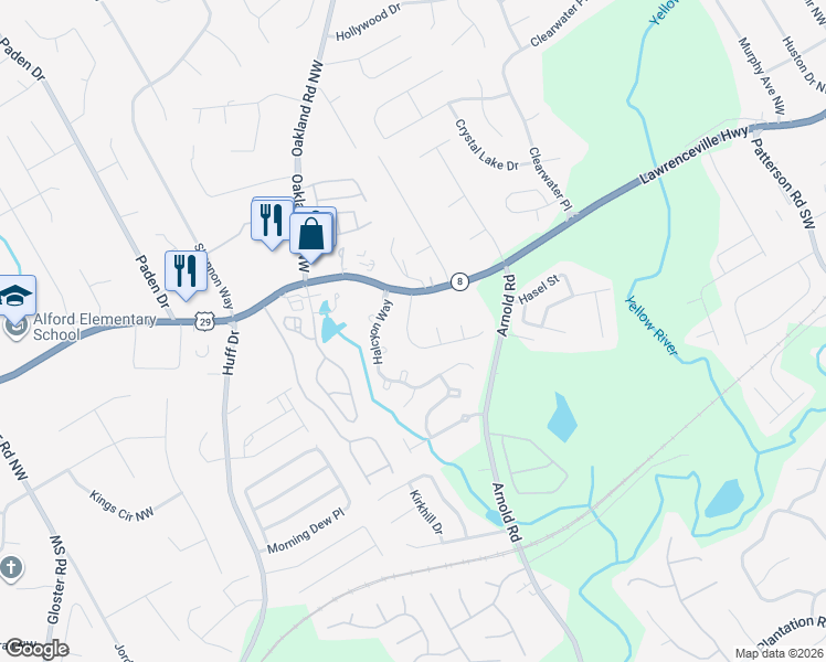 map of restaurants, bars, coffee shops, grocery stores, and more near 2515 Arnold Mill Road Northwest in Lawrenceville