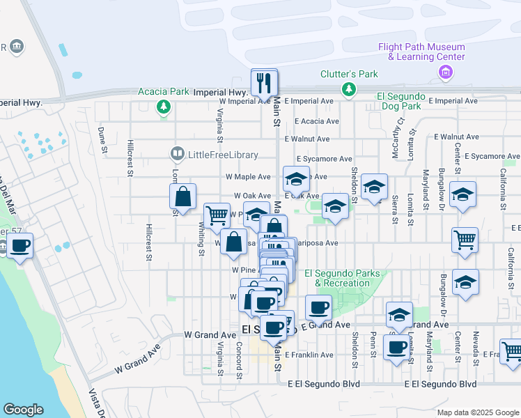 map of restaurants, bars, coffee shops, grocery stores, and more near 127 West Palm Avenue in El Segundo