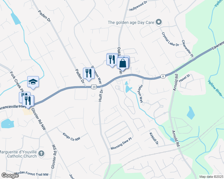 map of restaurants, bars, coffee shops, grocery stores, and more near 21 Oak Green Drive in Lawrenceville