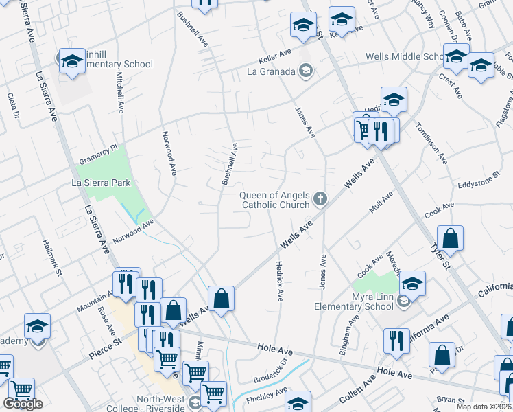 map of restaurants, bars, coffee shops, grocery stores, and more near 4926 Hedrick Avenue in Riverside