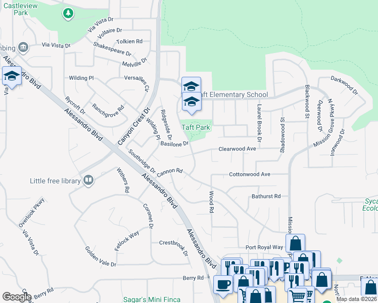 map of restaurants, bars, coffee shops, grocery stores, and more near 981 Clearwood Avenue in Riverside