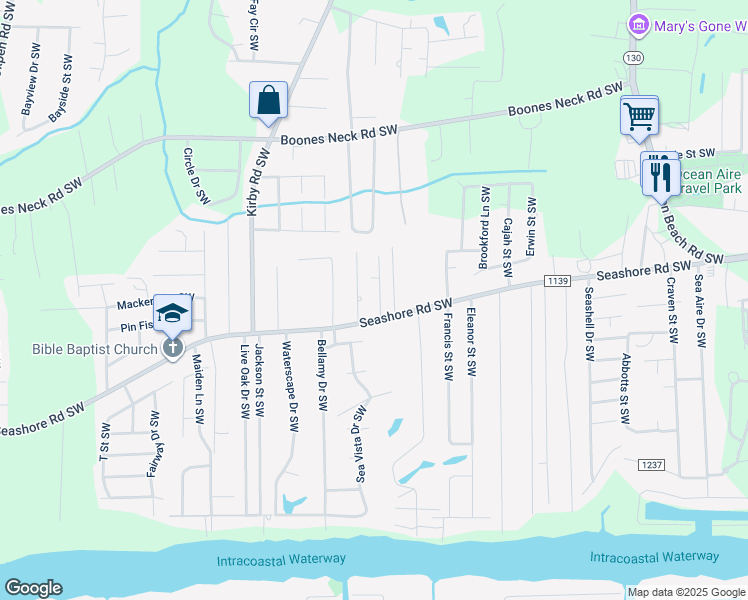 map of restaurants, bars, coffee shops, grocery stores, and more near 2577 White Sands Drive Southwest in Brunswick County