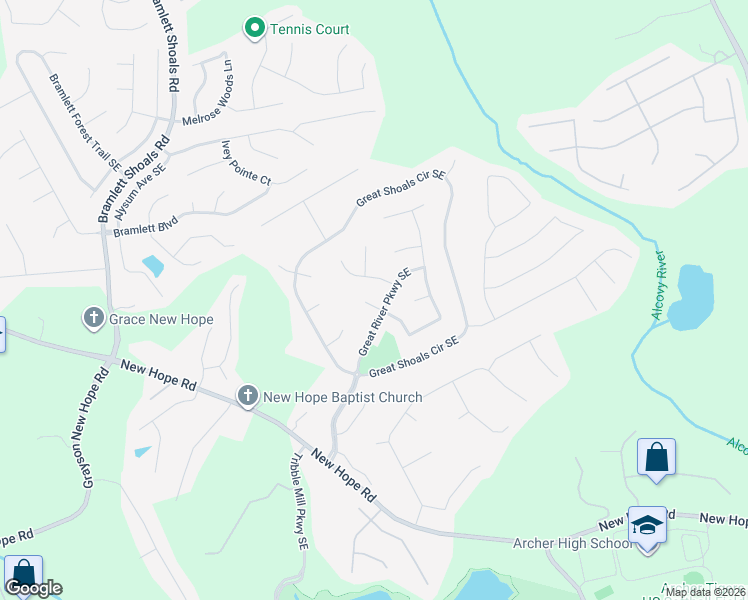 map of restaurants, bars, coffee shops, grocery stores, and more near 1138 Low Water Way Southeast in Lawrenceville