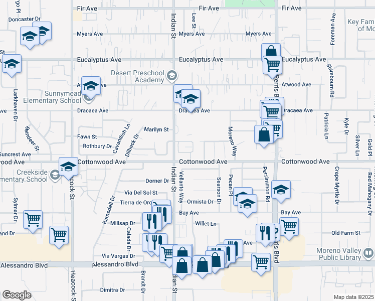 map of restaurants, bars, coffee shops, grocery stores, and more near 24580 Cottonwood Avenue in Moreno Valley